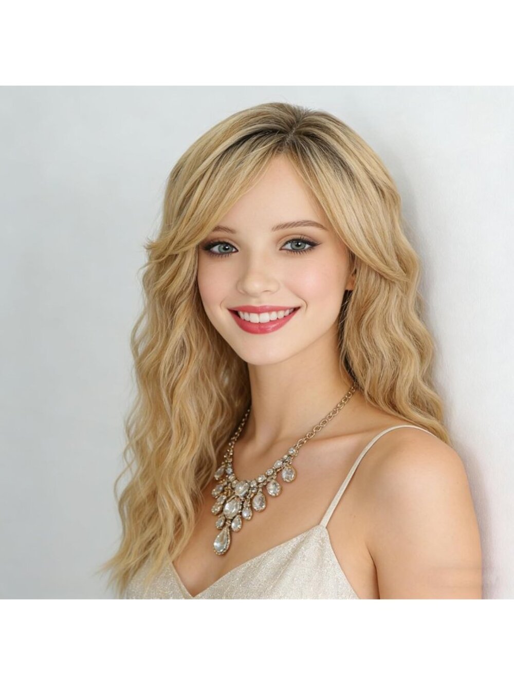 18in Ombre Blonde Layered Wavy Wig with Curtain Bangs for Daily & Party Wear